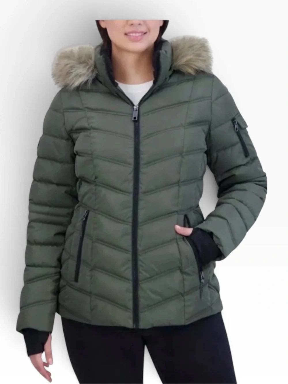 Nautica Water‑Resistant Faux‑Fur Hood Jacket NWOT | Large Green Warm Puffer Coat